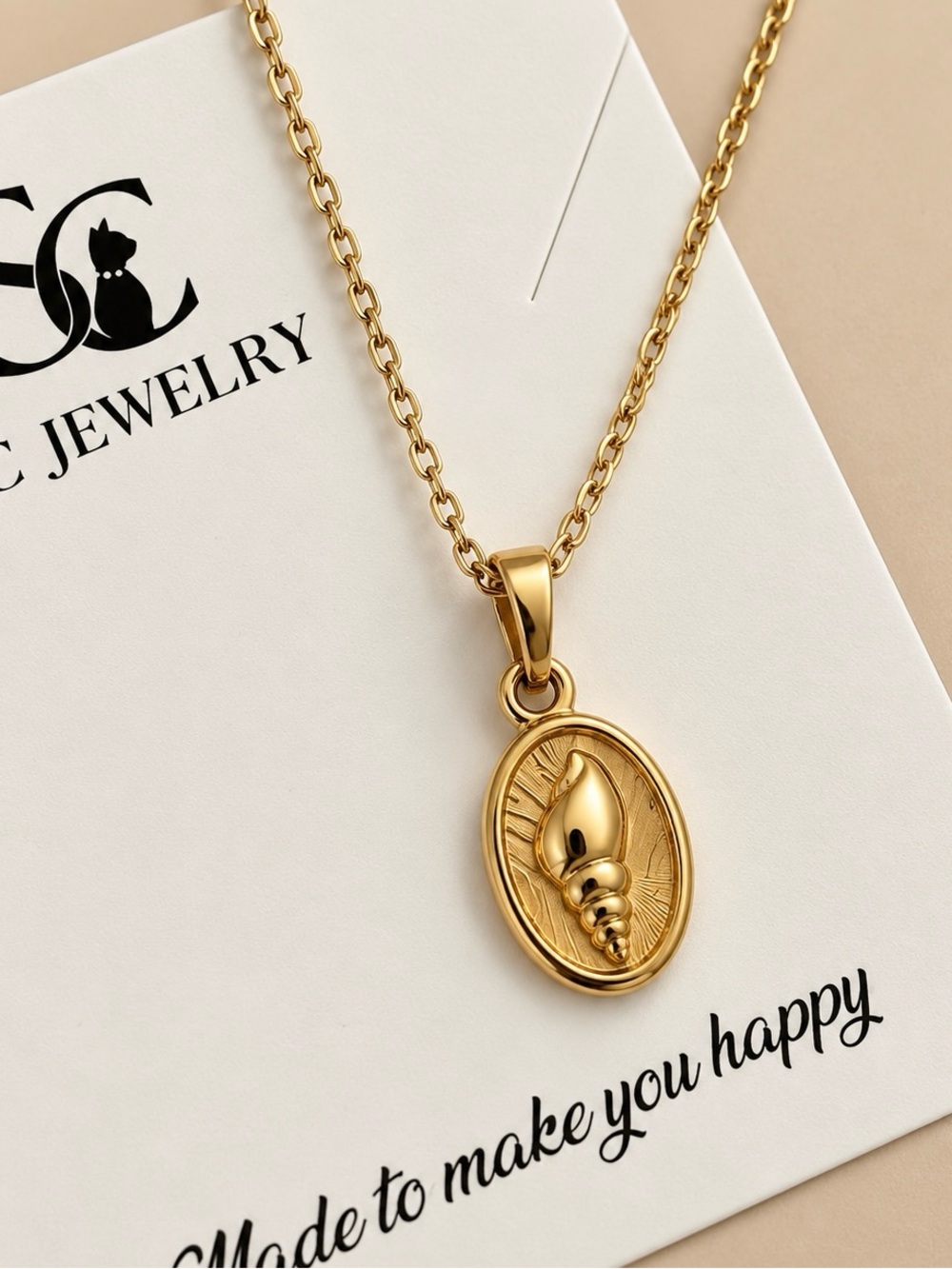 Stainless Steel Gold Seashell Pendant Necklace Dainty Coastal Beach Ocean Coin